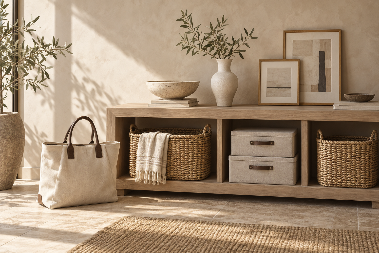 Sunlit oak console styled with woven baskets, linen bins, a canvas floor tote, ceramic accents, and warm neutral frames.